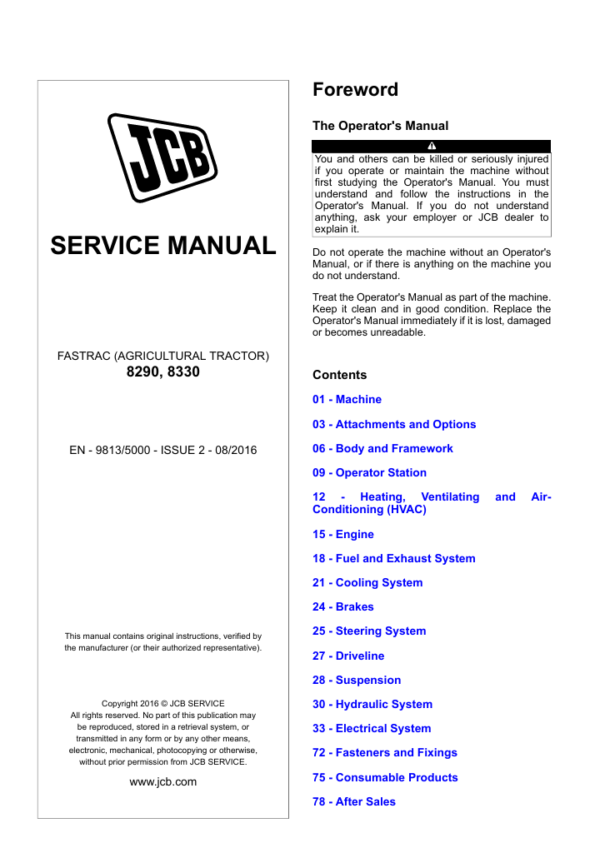 Detailed service repair manual for JCB Fastrac 8330, focusing on maintenance procedures and troubleshooting techniques