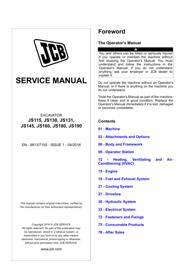 Detailed service and repair manual for the JCB JS115 excavator, covering all maintenance aspects