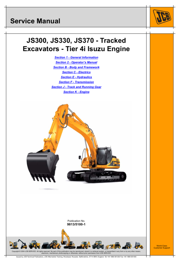 Comprehensive service manual for JCB JS300 tracked excavator, covering repair guidelines and maintenance tips