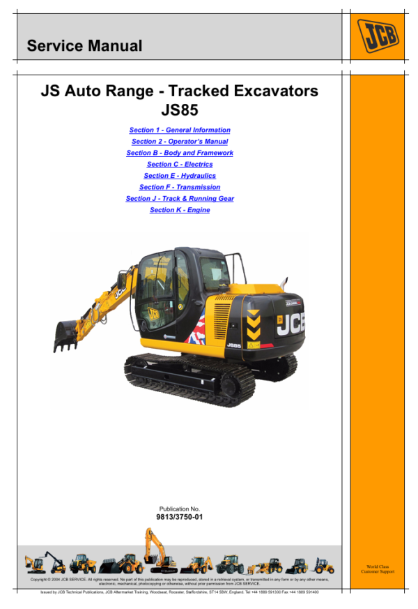 Comprehensive service manual for JCB JS85 excavator, covering repair guidelines and maintenance tips