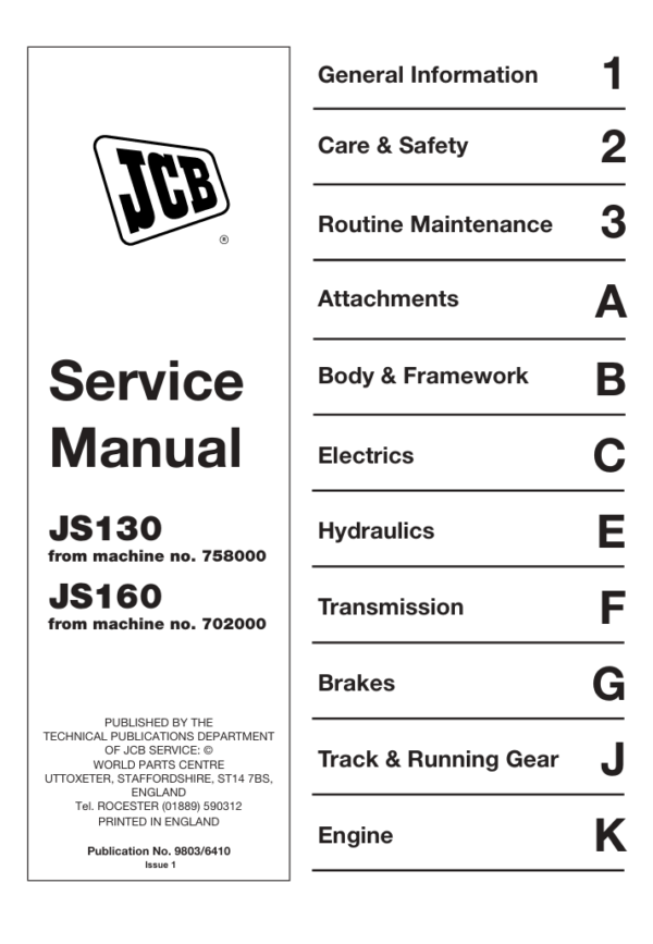 Service repair manual for JCB JS160 excavator, detailing maintenance and troubleshooting procedures