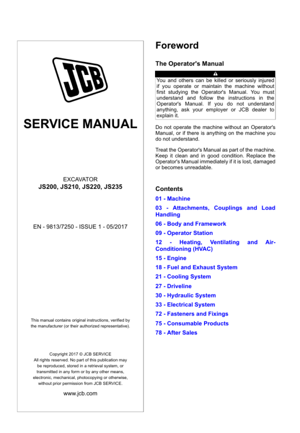 Comprehensive service manual for JCB JS200 excavator, covering repair techniques and maintenance guidelines
