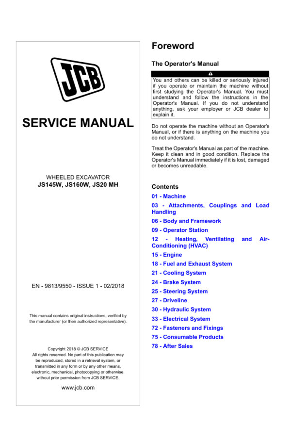 Comprehensive service manual for JCB JS20MH Wheel Excavator, covering repair and maintenance guidelines