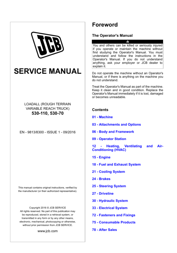 Service repair manual for JCB Loadall 530-70, detailing maintenance and troubleshooting procedures