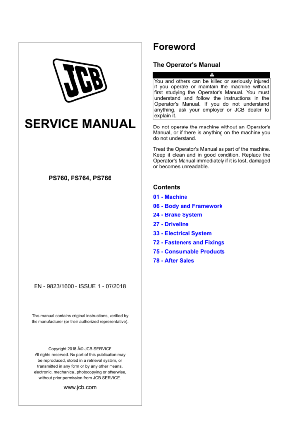 JCB Transmission PS766 Service Repair Manual cover featuring detailed repair instructions and diagrams for efficient maintenance