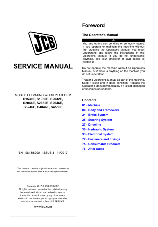 JCB S2046E Work Platform service manual, providing essential repair and maintenance guidelines for optimal performance