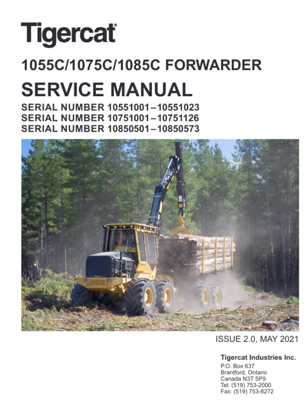 Service and repair manual for the Tigercat 1055C Forwarder, outlining procedures for effective maintenance and repairs