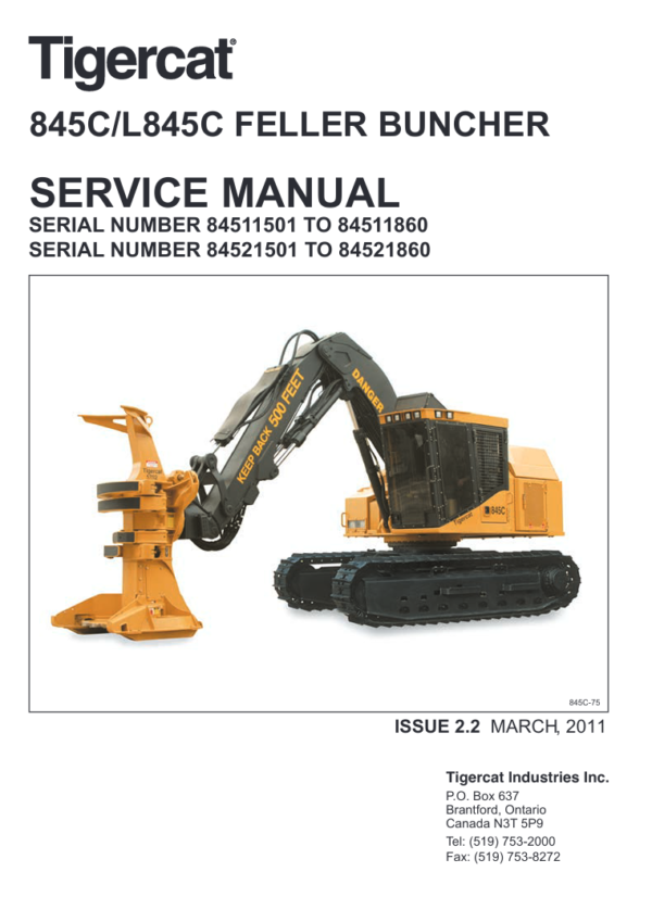 Comprehensive service manual for the Tigercat 845C Feller Buncher, including repair guidelines and maintenance tips