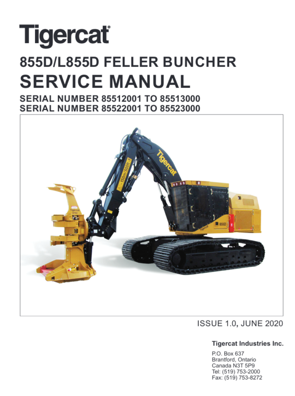 Service and repair manual for the Tigercat 855D Feller Buncher, outlining essential maintenance and troubleshooting steps