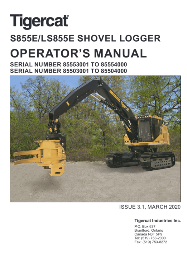 Comprehensive guide for the Tigercat S855E Shovel Logger, including operational instructions and maintenance tips