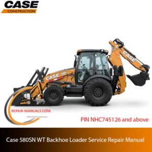 Service repair manual cover for Case 580SN WT Backhoe Loader, featuring technical diagrams and maintenance instructions