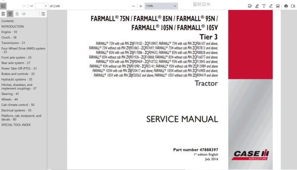 Service manual for Case Farmall 75N Tractor, providing comprehensive repair information and illustrated guides