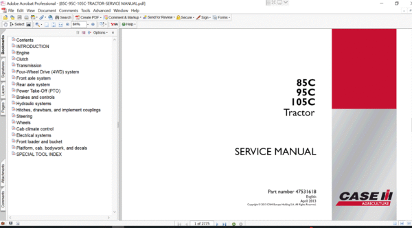 Service repair manual cover for Case Farmall 85C tractor, featuring technical diagrams and maintenance instructions