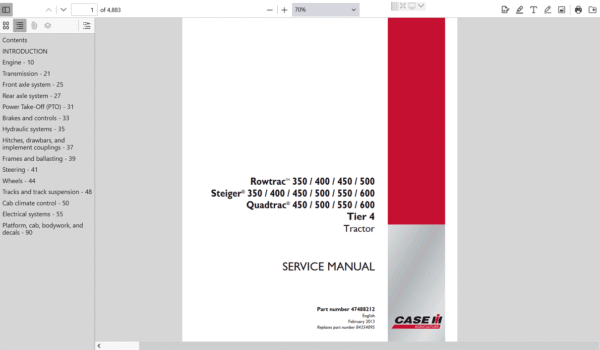 Service repair manual cover for Case IH 400 Rowtrac Tractor, featuring detailed diagrams and maintenance instructions