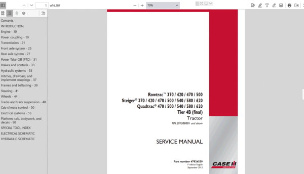 Service manual for Case IH 500 Quadtrac Tractor, providing comprehensive repair instructions and maintenance information