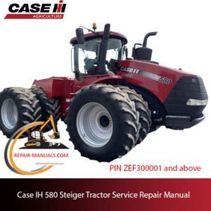 Service repair manual cover for Case IH 580 Steiger tractor, featuring technical diagrams and maintenance instructions