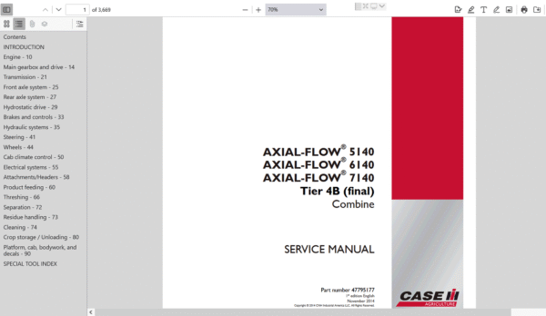 Service repair manual for Case Axial Flow 7140, displaying technical drawings and comprehensive repair procedures
