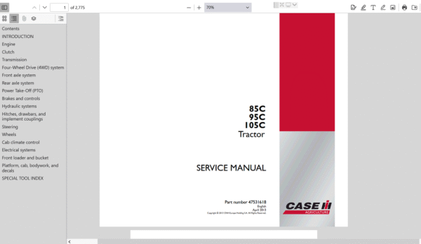 Service manual for Case 105C Tractor, displaying repair instructions and diagrams for maintenance and troubleshooting