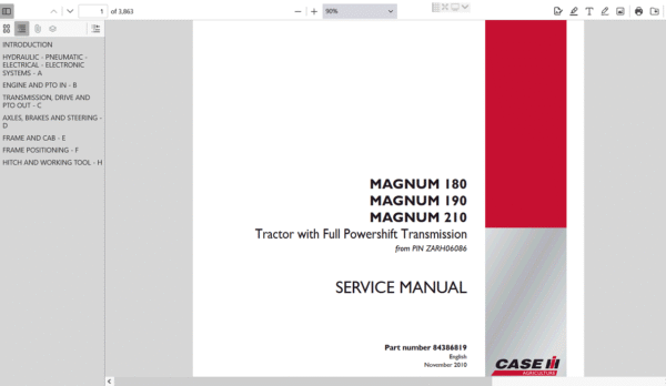 Service repair manual cover for Case IH Magnum 210 Tractor, featuring technical illustrations and detailed instructions