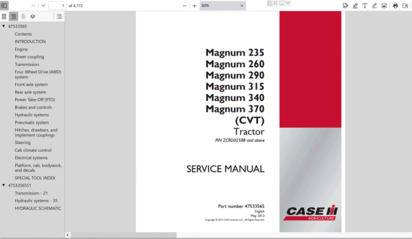 Cover of the service repair manual for Case IH Magnum 235 tractor, including maintenance tips and troubleshooting guides