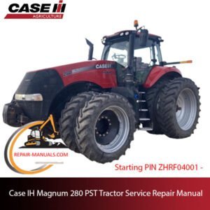 Service repair manual cover for Case IH Magnum 280 PST tractor, featuring technical illustrations and detailed instructions.