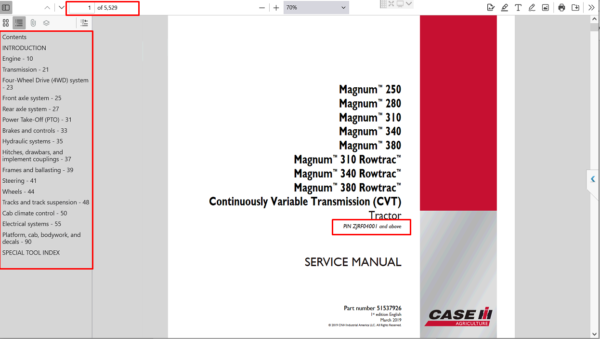 Service repair manual for Case IH Magnum 380 CVT Tractor, displaying technical details and maintenance procedures