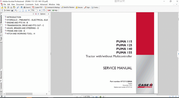 Service manual for Case IH Puma 140 tractor, highlighting repair techniques and essential maintenance information