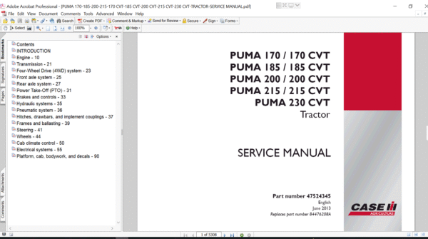 Case IH Puma 185 CVT tractor service repair manual, detailing repair procedures and specifications for maintenance