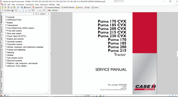 Case IH Puma 200 CVX tractor service manual cover, providing comprehensive repair and maintenance instructions
