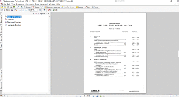 Service Repair Manual for Case IH RS561 Round Baler, displaying technical details and repair procedures