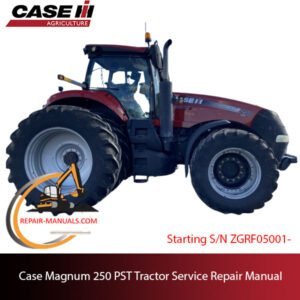 Service repair manual cover for Case Magnum 250 PST tractor, featuring technical diagrams and maintenance instructions