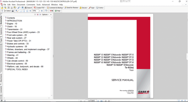 Case IH Maxxum 125 CVT tractor service manual cover, presenting repair techniques and essential operational information