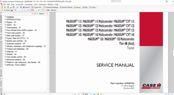 the service repair manual for Case IH Maxxum 145 CVT tractor, including diagrams and repair procedures