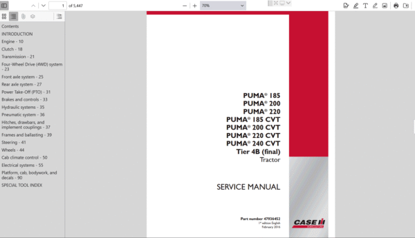Service repair manual for Case IH Puma 185 tractor, detailing maintenance and repair procedures