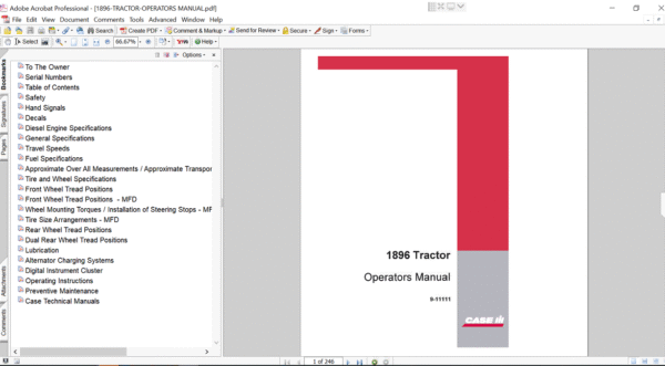 Operator's manual for the 1896 tractor, detailing usage, maintenance, and safety instructions