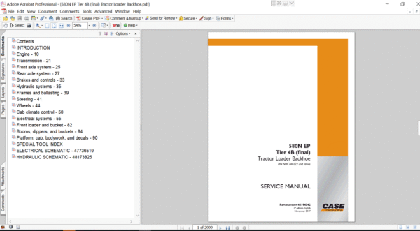 Service repair manual for Case 580N EP Backhoe Loader, displaying key repair procedures and maintenance instructions