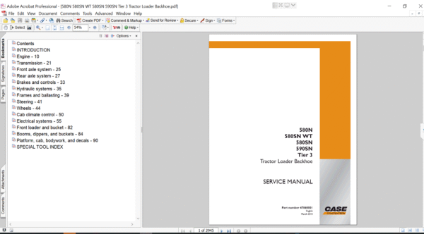 Service repair manual for Case 580N Backhoe Loader, displaying key repair procedures and maintenance instructions