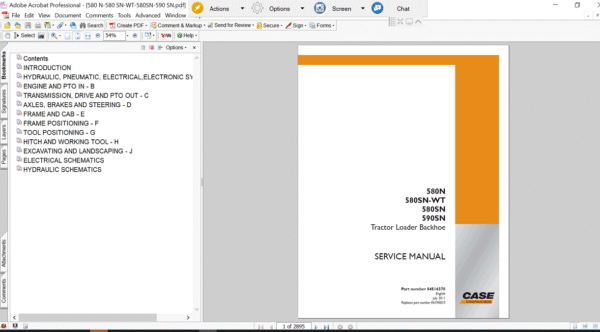 Service repair manual for Case 580N Backhoe Loader, including diagrams and step-by-step repair instructions and maintenance details