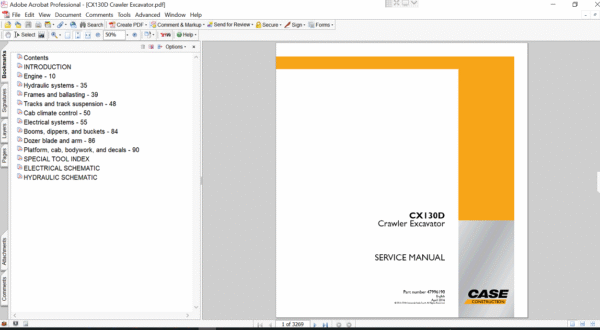 Service repair manual for Case CX130D Excavator, displaying key repair procedures and maintenance instructions