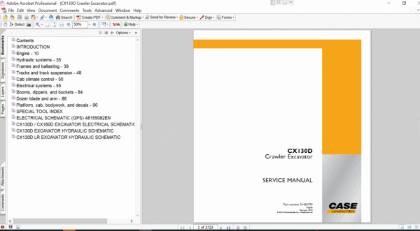 Service repair manual for Case cx130d excavator, displaying key repair procedures and maintenance instructions