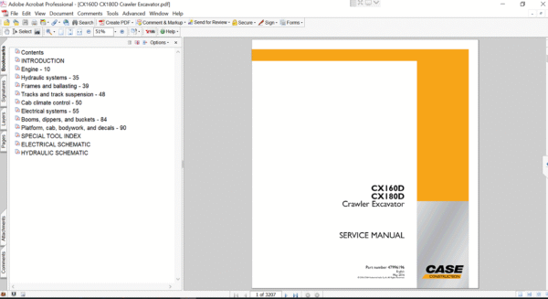 Service repair manual for case cx160D Excavator, displaying key repair procedures and maintenance instructions