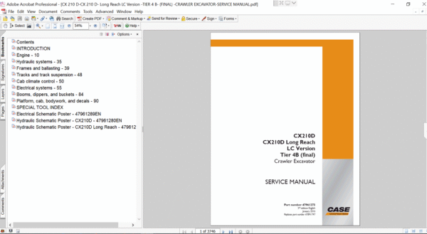 Service repair manual for Case CX210D Excavator, displaying key repair procedures and maintenance instructions