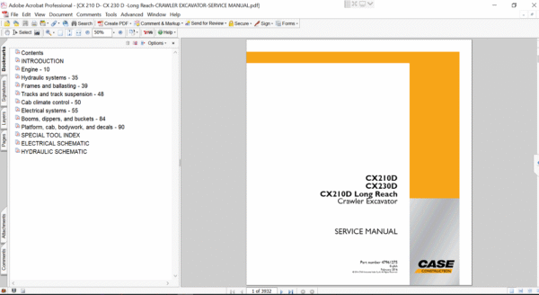 Service repair manual for case cx230d Excavator, displaying key repair procedures and maintenance instructions