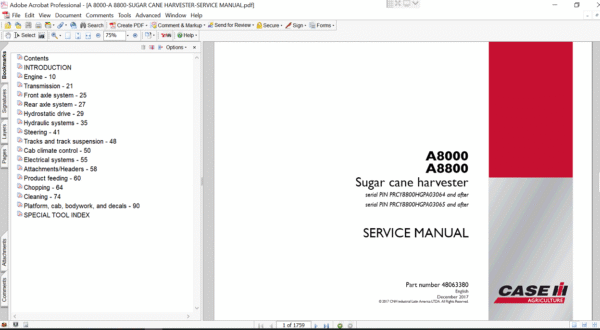 Service manual for Case A8800 Sugar Cane Harvester, displaying essential repair information and maintenance tips