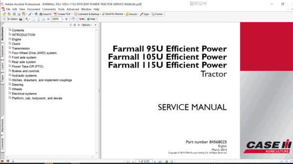 Service repair manual cover for Case IH Farmall 95U tractor, featuring technical diagrams and maintenance instructions