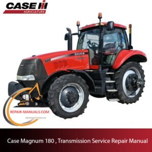 Service repair manual cover for Case Magnum 180 tractor transmission, featuring technical diagrams and maintenance instructions