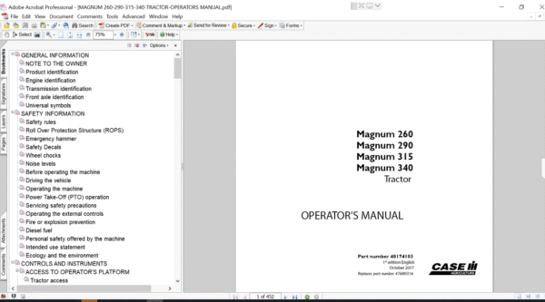 Operator's Manual for Case Magnum 260 Tractor, featuring detailed instructions for operation, maintenance, and troubleshooting
