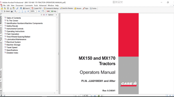 Operator's manual for Case MX150 tractor, detailing features, maintenance, and operation instructions