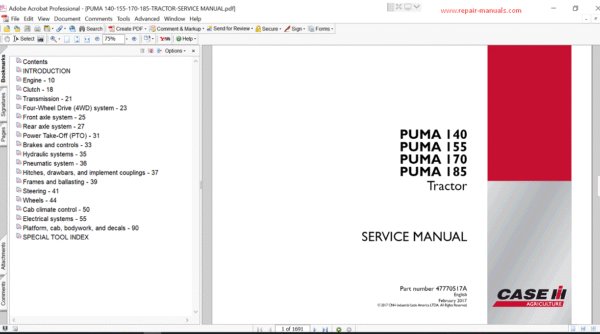the Case IH Puma 140 service manual, providing essential maintenance and repair instructions for the tractor