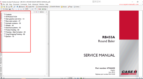 Case RB455A Round Baler service manual cover, highlighting repair procedures and technical illustrations for effective maintenance